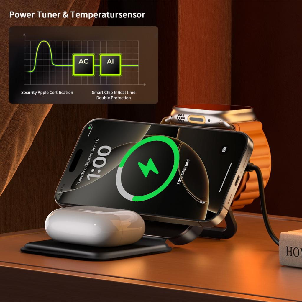 Bezdrôtová nabíjačka XO Design CX035 3v1, 15W, 1.67A, Čierna