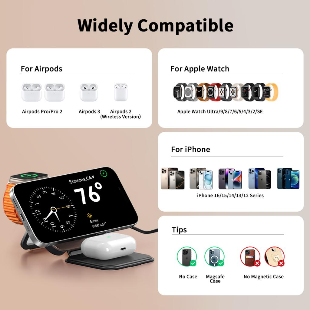 Bezdrôtová nabíjačka XO Design CX035 3v1, 15W, 1.67A, Čierna