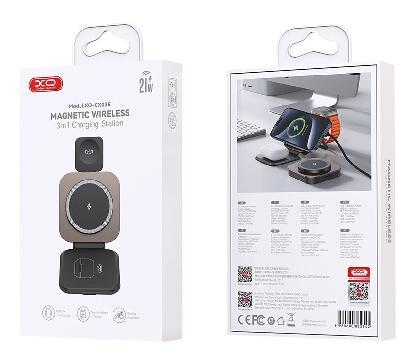 Bezdrôtová sieťová nabíjačka XO Design CX035 3v1, 15W, 1,67A, čierna, znovu zabalená