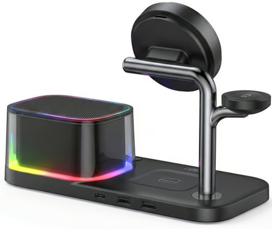 Bezdrôtová sieťová nabíjačka s Bluetooth reproduktorom XO Design CX045 5v1, 25W, čierna