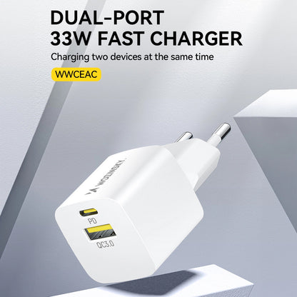 Sieťová nabíjačka WZK WWCEAC, 33W, 3A, 1 x USB-A - 1 x USB-C, Biela