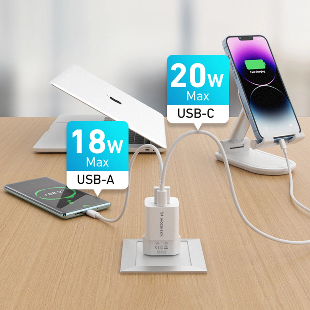 Sieťová nabíjačka WZK WWCEAC, 33W, 3A, 1 x USB-A - 1 x USB-C, Biela