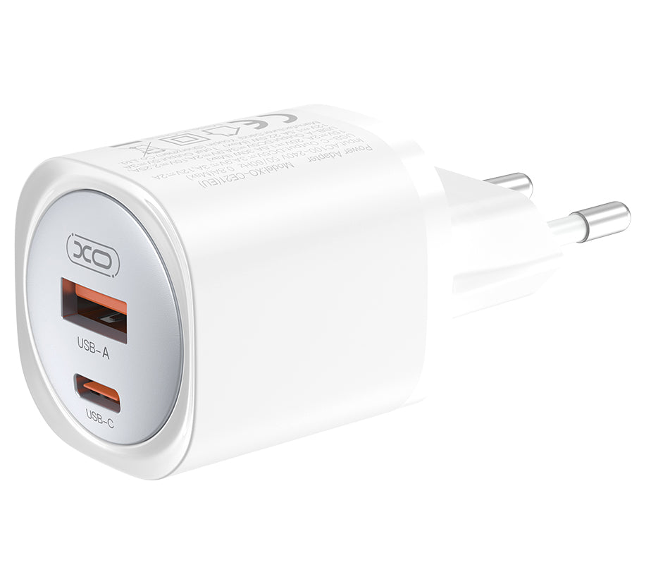 Sieťová nabíjačka XO Design CE21, 30W, 3A, 1 x USB-A - 1 x USB-C, Biela