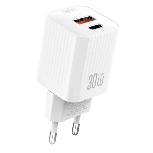 Sieťová nabíjačka XO Design L149, 30W, 3A, 1 x USB-A - 1 x USB-C, biela