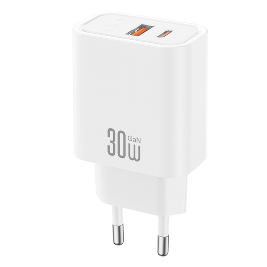 Sieťová nabíjačka XO Design CE42, 30W, 3A, 1 x USB-A - 1 x USB-C, biela