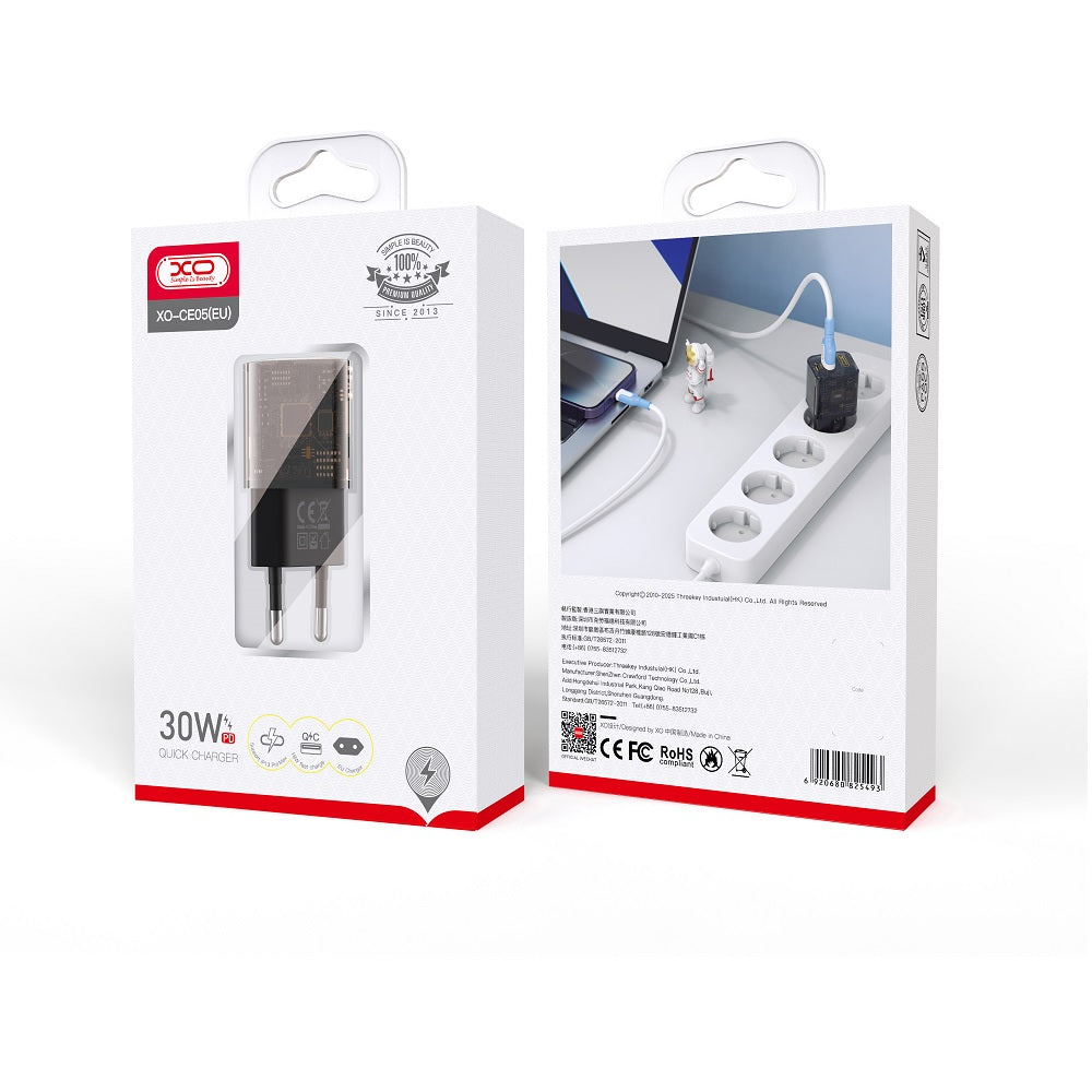 Sieťová nabíjačka XO Design CE05, 30W, 3A, 1 x USB-A - 1 x USB-C, Hnedá