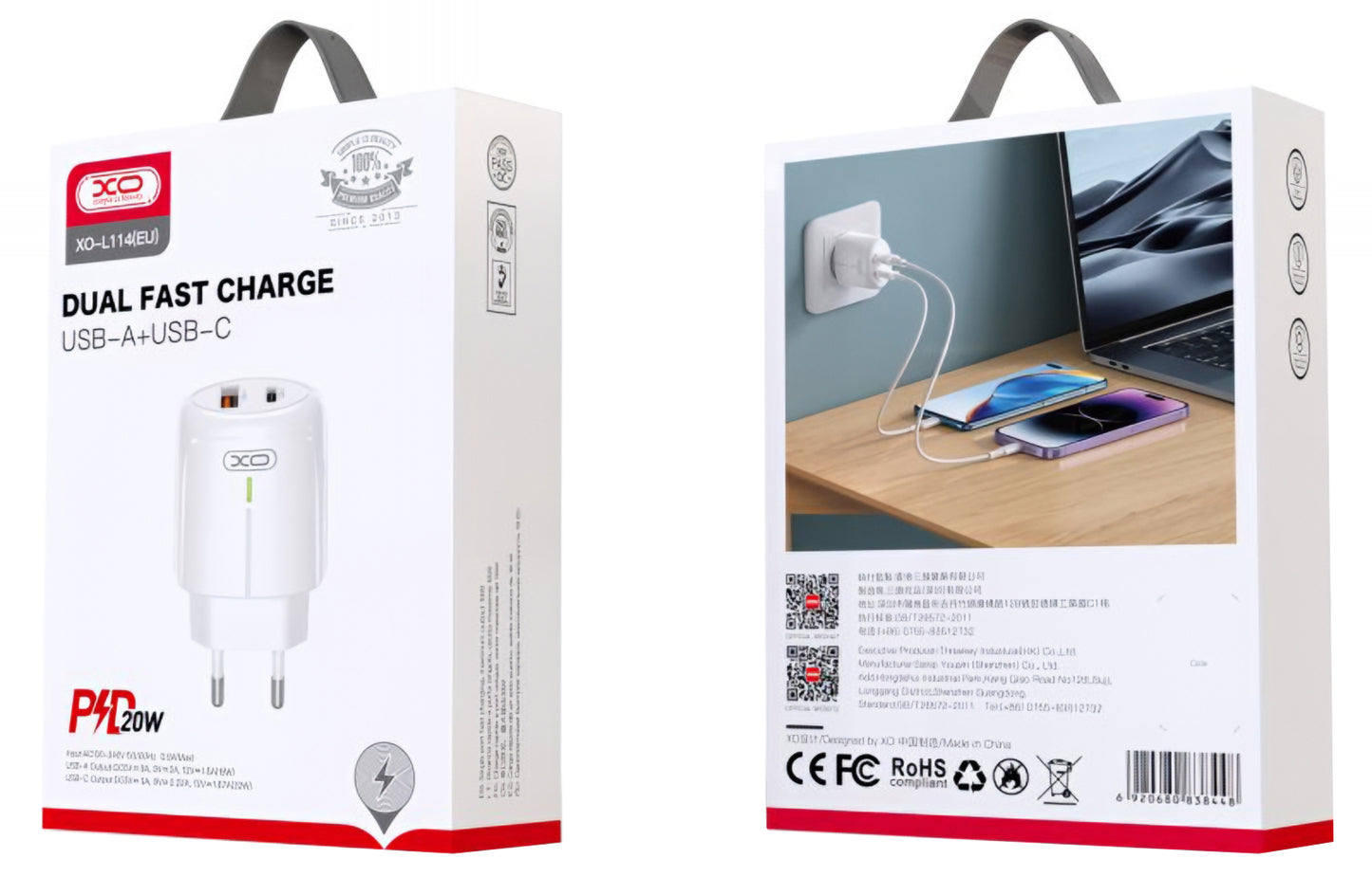 Sieťová nabíjačka XO Design L114, 20W, 3A, 1 x USB-A - 1 x USB-C, Biela