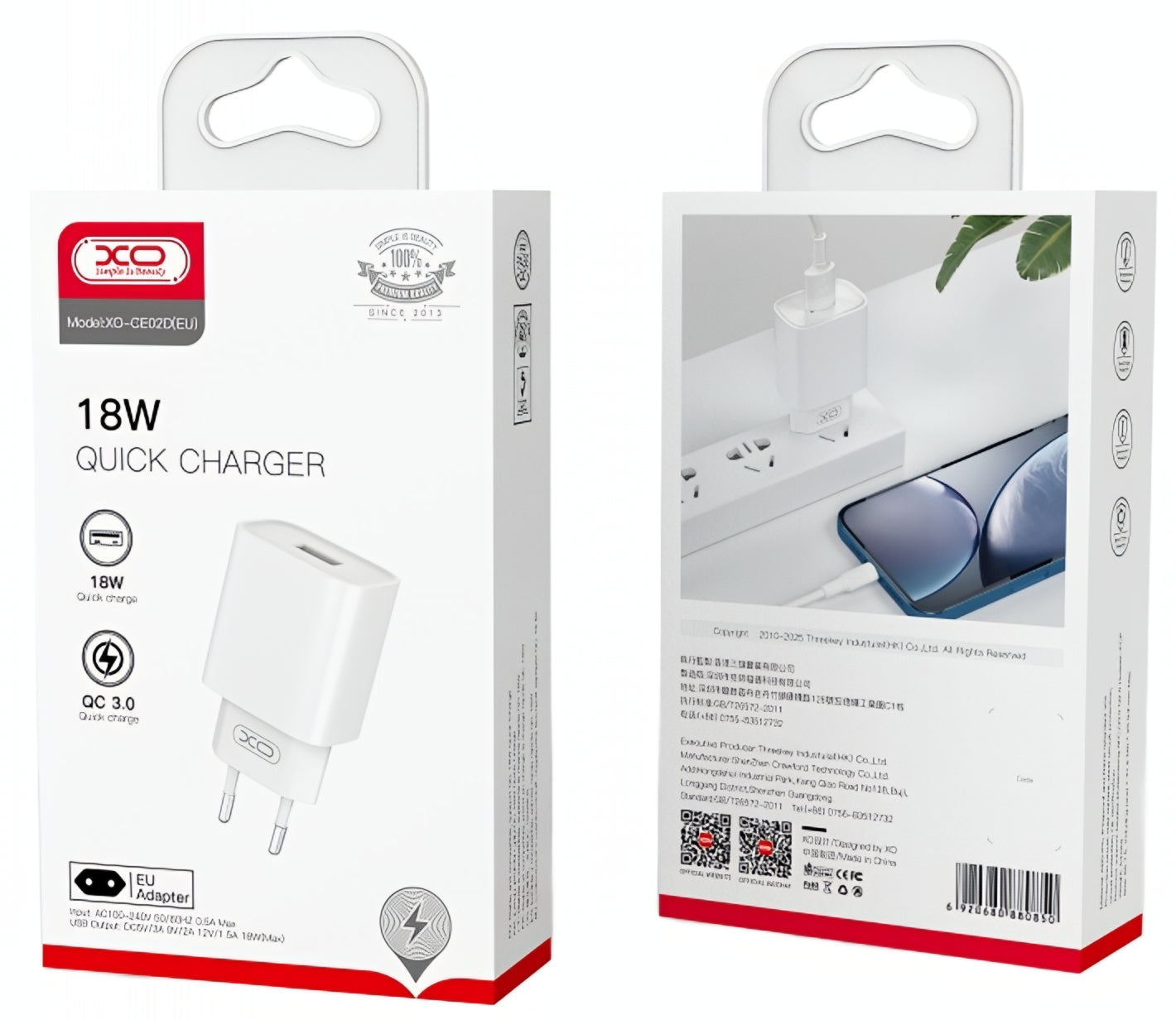 XO Design CE02D Network Charger, 18W, 3A, 1 x USB-A, White