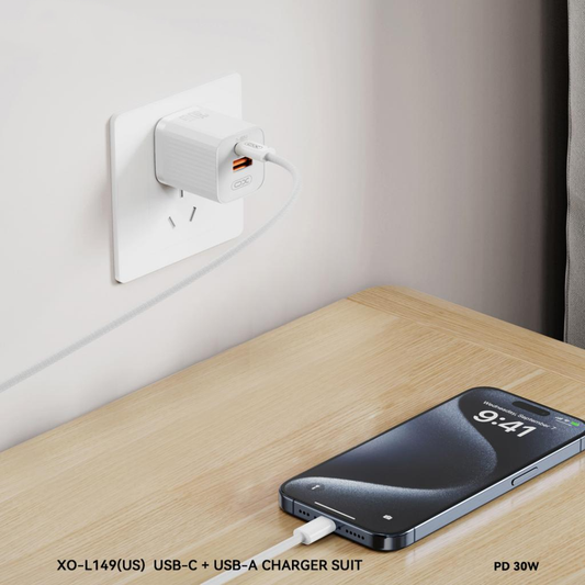 Sieťová nabíjačka XO Design L149, 30W, 3A, 1 x USB-A - 1 x USB-C, biela