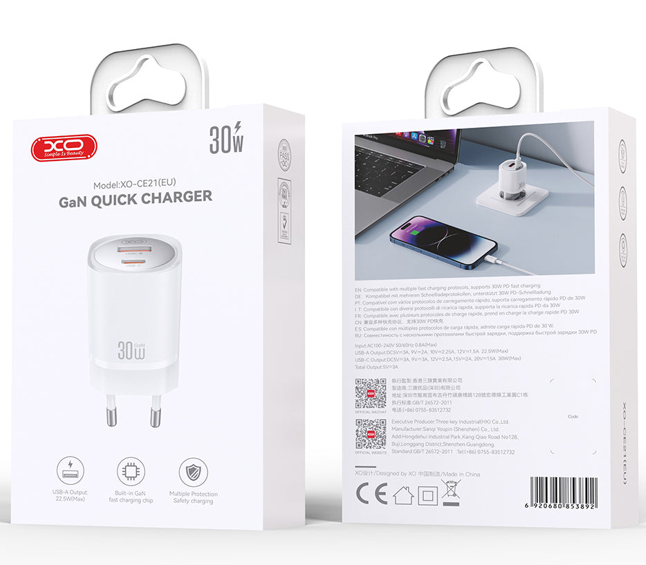 Sieťová nabíjačka XO Design CE21, 30W, 3A, 1 x USB-A - 1 x USB-C, Biela