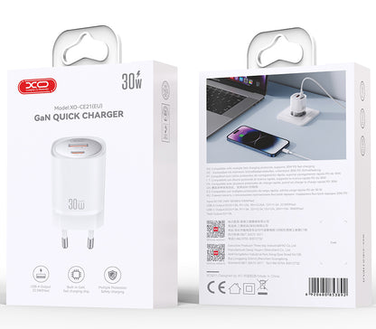 Sieťová nabíjačka XO Design CE21, 30W, 3A, 1 x USB-A - 1 x USB-C, Biela