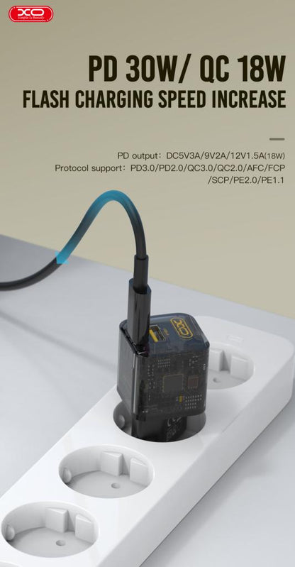 Sieťová nabíjačka XO Design CE05, 30W, 3A, 1 x USB-A - 1 x USB-C, Hnedá