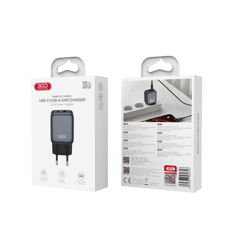 Sieťová nabíjačka XO Design L156, 30W, 3A, 1 x USB-A - 1 x USB-C, Čierna