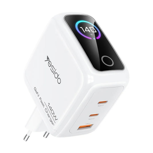 Sieťová nabíjačka Yesido YC114 s displejom, 140W, 5A, 1 x USB-A - 2 x USB-C, biela