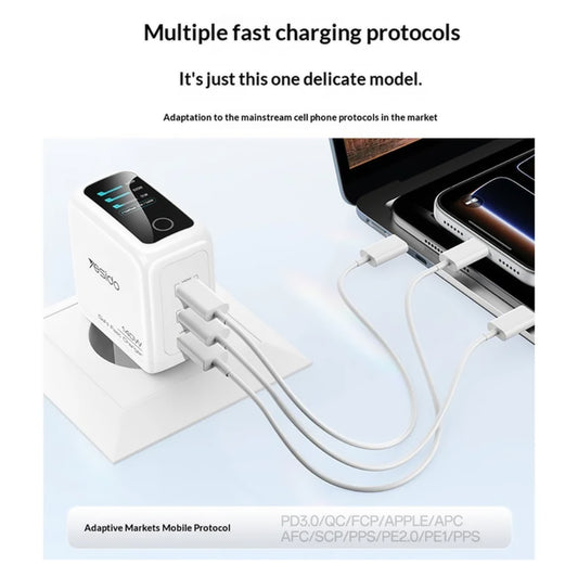 Sieťová nabíjačka Yesido YC114 s displejom, 140W, 5A, 1 x USB-A - 2 x USB-C, biela