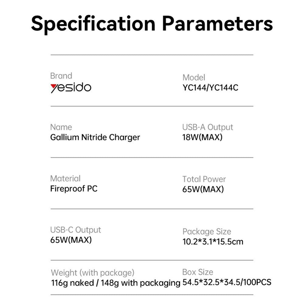 Sieťová nabíjačka Yesido YC144, 65W, 3.25A, 1 x USB-A - 2 x USB-C, Čierna