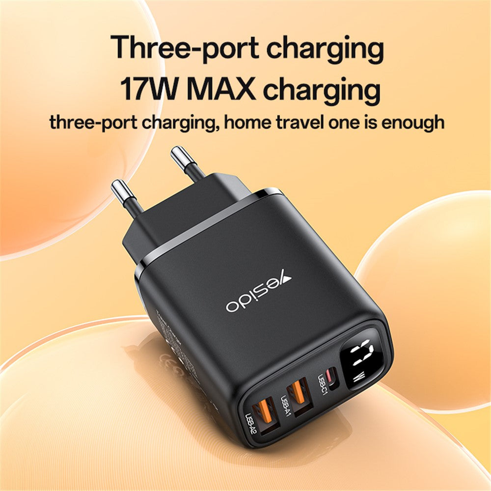 Sieťová nabíjačka Yesido YC67 Display, 17W, 2.4A, 2 x USB-A - 1 x USB-C, Čierna