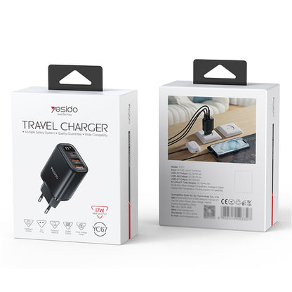 Sieťová nabíjačka Yesido YC67 Display, 17W, 2.4A, 2 x USB-A - 1 x USB-C, Čierna