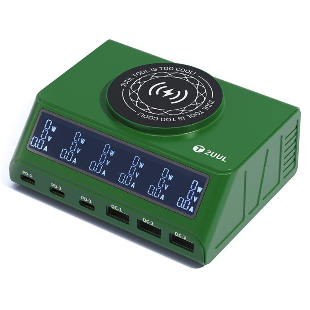 Nabíjačka Stanica 2UUL PC11 QI, 110W, 3A, 3 x USB-A - 3 x USB-C, Zelená