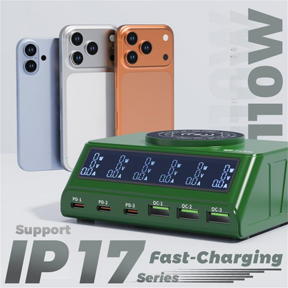 Nabíjačka Stanica 2UUL PC11 QI, 110W, 3A, 3 x USB-A - 3 x USB-C, Zelená