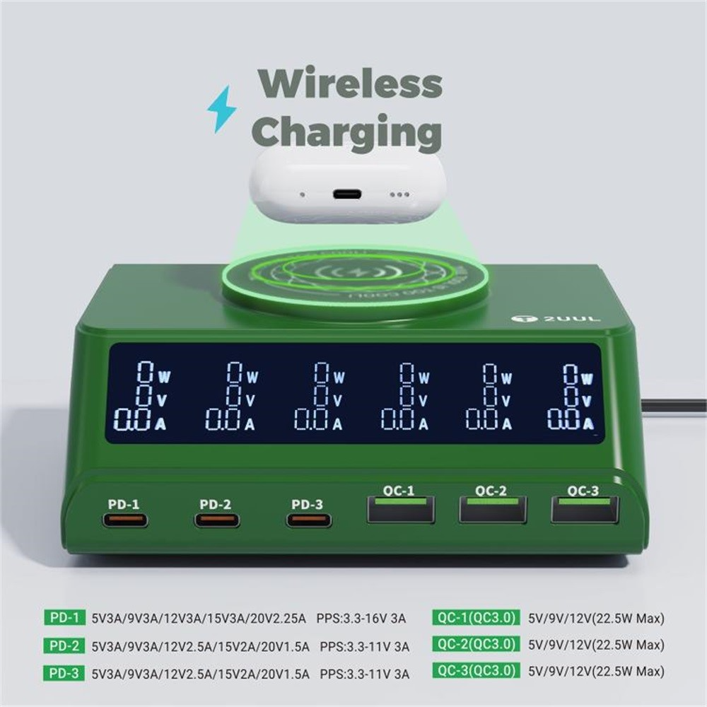 Nabíjačka Stanica 2UUL PC11 QI, 110W, 3A, 3 x USB-A - 3 x USB-C, Zelená