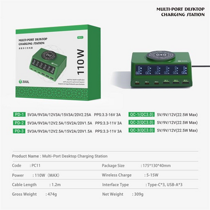 Nabíjačka Stanica 2UUL PC11 QI, 110W, 3A, 3 x USB-A - 3 x USB-C, Zelená