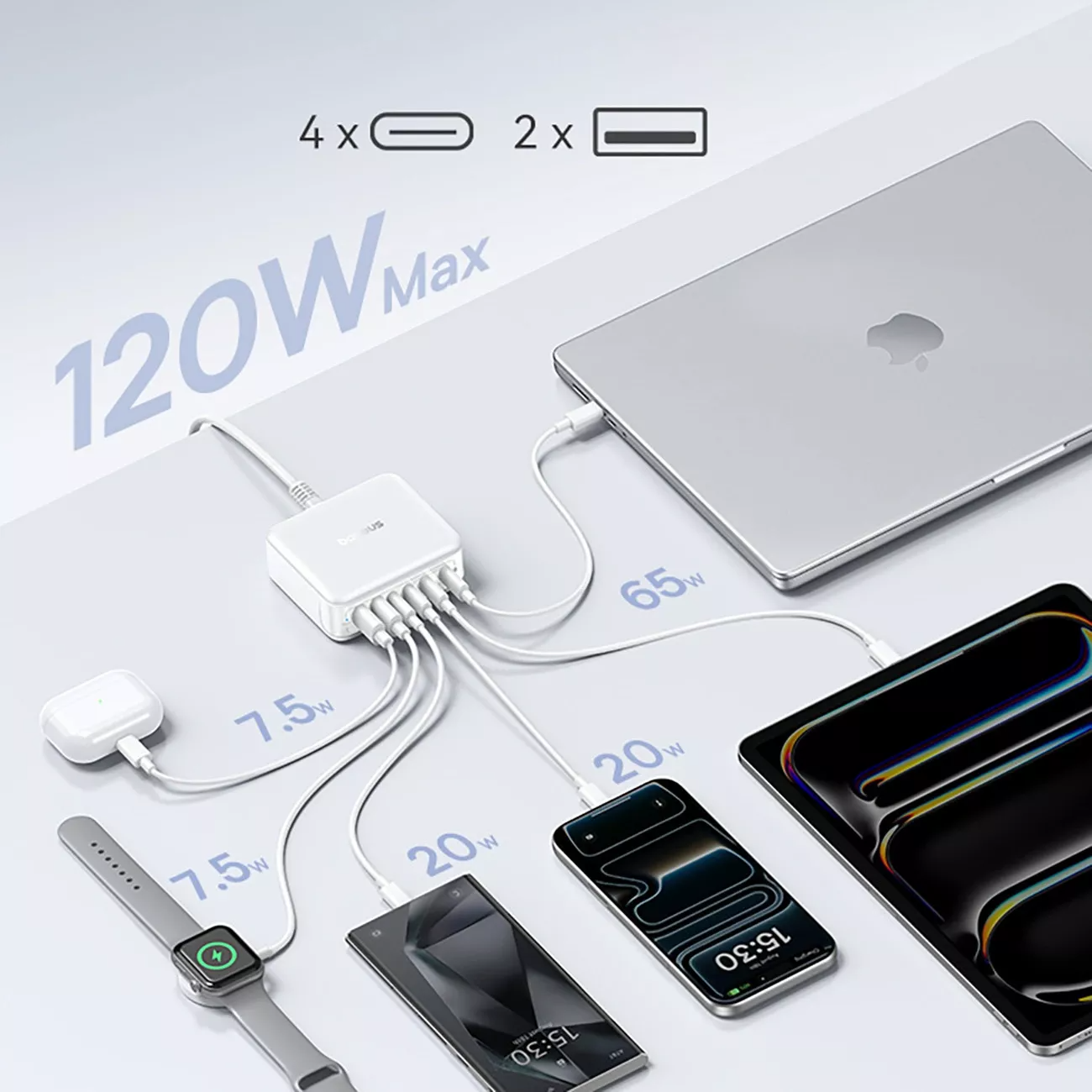 Nabíjačka stanica Baseus EnerFill FH21, 120W, 3,25A, 2 x USB-A - 4 x USB-C, biela E0120T01