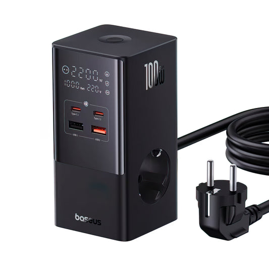 Nabíjačka Baseus PowerCombo Tower, 100W, 5A, 2 x Schuko - 2 x USB-A - 2 x USB-C, Čierna E00023609113-00