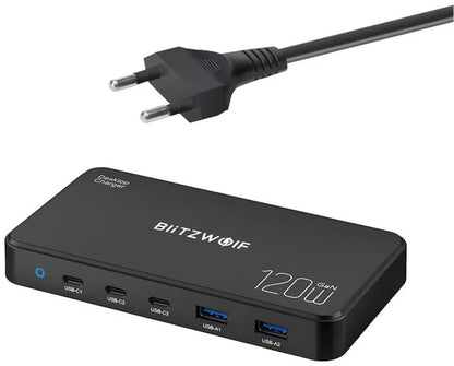 Nabíjačka Stanica BlitzWolf BW-i100, 120W, 5A, 2 x USB-A - 3 x USB-C, Čierna