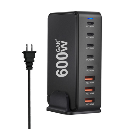Nabíjačka stanice OEM, 600W, 4 x USB-A - 4 x USB-C, čierna