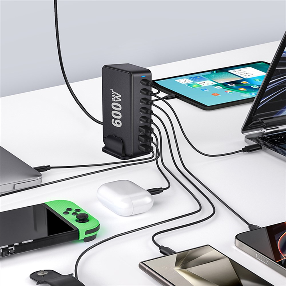 Nabíjačka stanice OEM, 600W, 4 x USB-A - 4 x USB-C, čierna