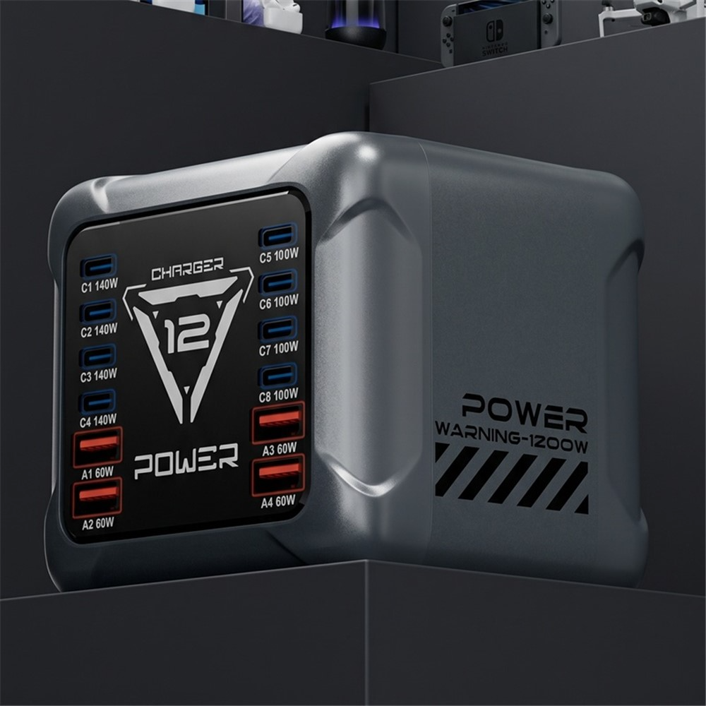 Nabíjačka Stanica OEM BK-127D, 280W, 5A, 4 x USB-A - 8 x USB-C, Sivá