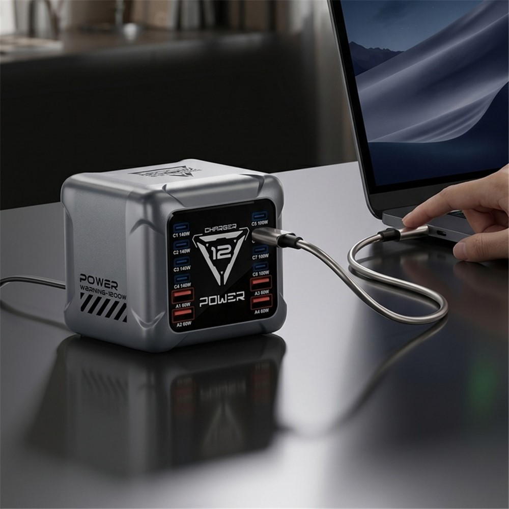 Nabíjačka Stanica OEM BK-127D, 280W, 5A, 4 x USB-A - 8 x USB-C, Sivá