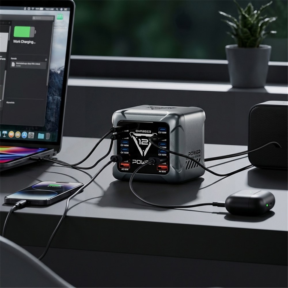 Nabíjačka Stanica OEM BK-127D, 280W, 5A, 4 x USB-A - 8 x USB-C, Sivá