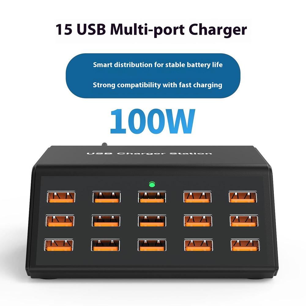 Nabíjačka stanice OEM HW15, 100W, 2A, 15 x USB-A, čierna