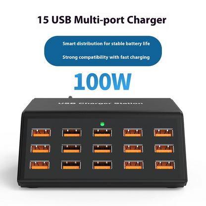 Nabíjačka stanice OEM HW15, 100W, 2A, 15 x USB-A, čierna