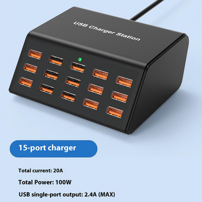 Nabíjačka stanice OEM HW15, 100W, 2A, 15 x USB-A, čierna