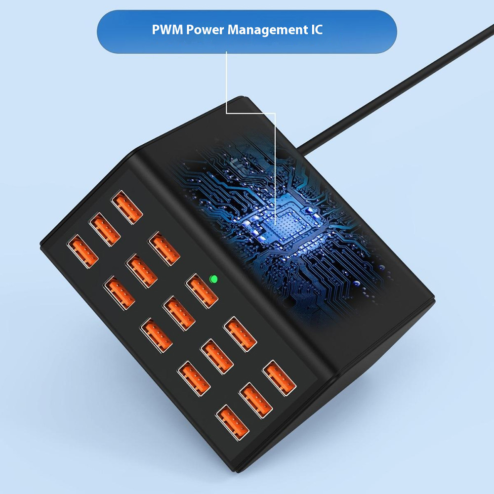 Nabíjačka stanice OEM HW15, 100W, 2A, 15 x USB-A, čierna