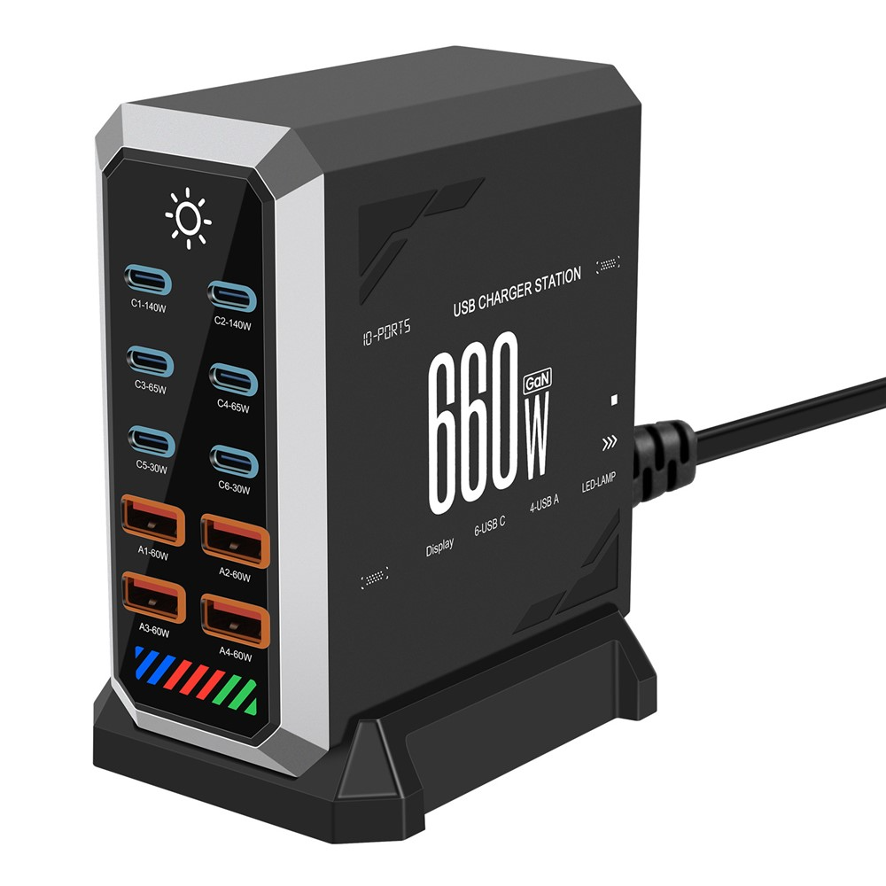 Nabíjačka stanice OEM HW18, 660W, 5A, 4 x USB-A - 6 x USB-C, čierna