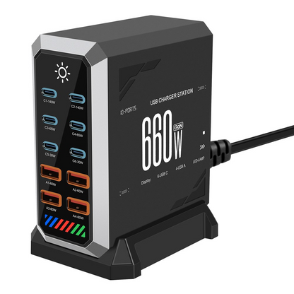 Nabíjačka stanice OEM HW18, 660W, 5A, 4 x USB-A - 6 x USB-C, čierna