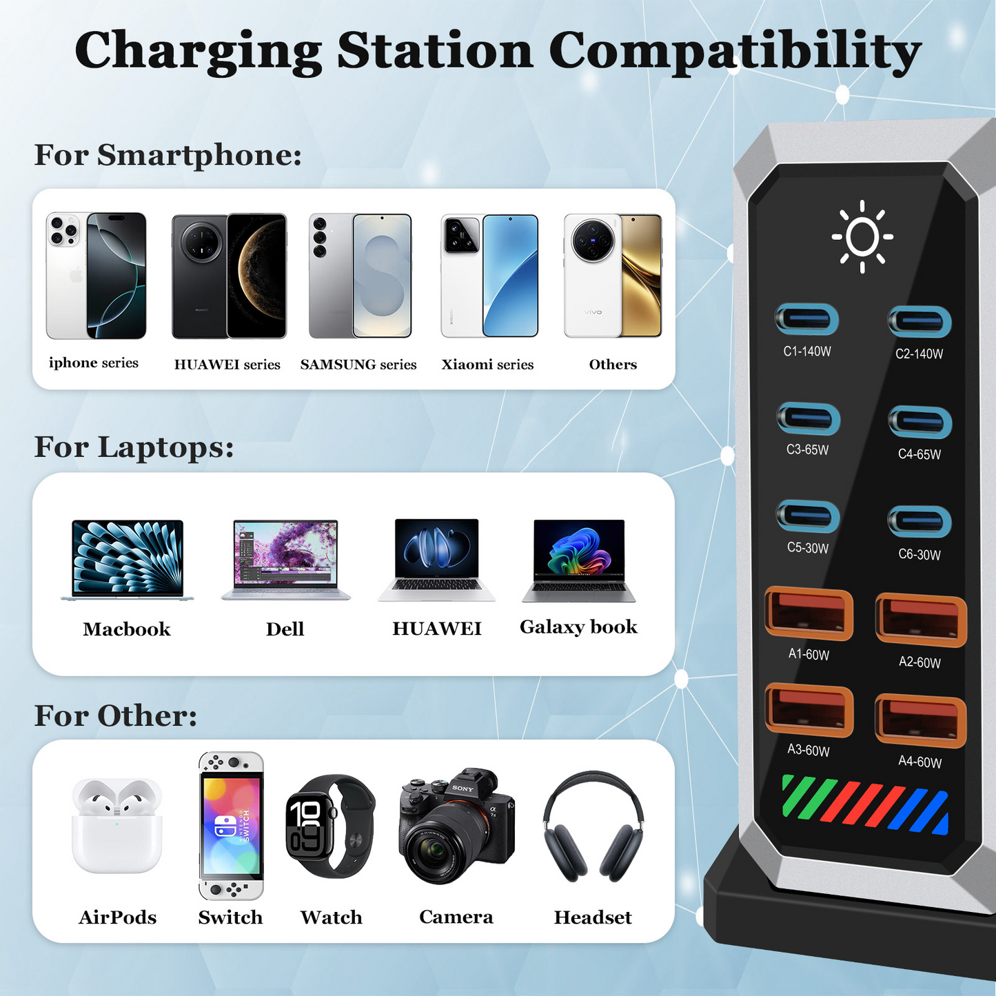 Nabíjačka stanice OEM HW18, 660W, 5A, 4 x USB-A - 6 x USB-C, čierna