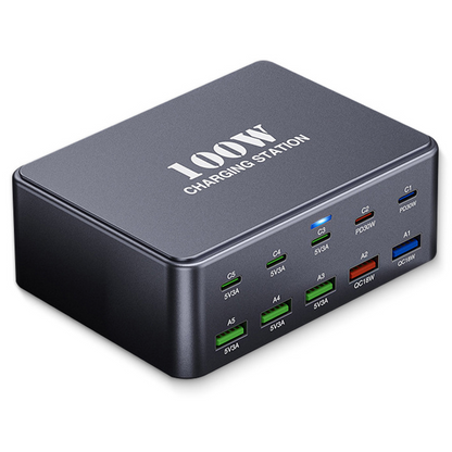 Nabíjačka stanice OEM HW33, 100W, 3A, 5 x USB-A - 5 x USB-C, Sivá