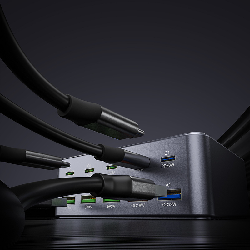 Nabíjačka stanice OEM HW33, 100W, 3A, 5 x USB-A - 5 x USB-C, Sivá