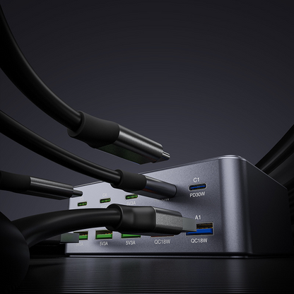 Nabíjačka stanice OEM HW33, 100W, 3A, 5 x USB-A - 5 x USB-C, Sivá