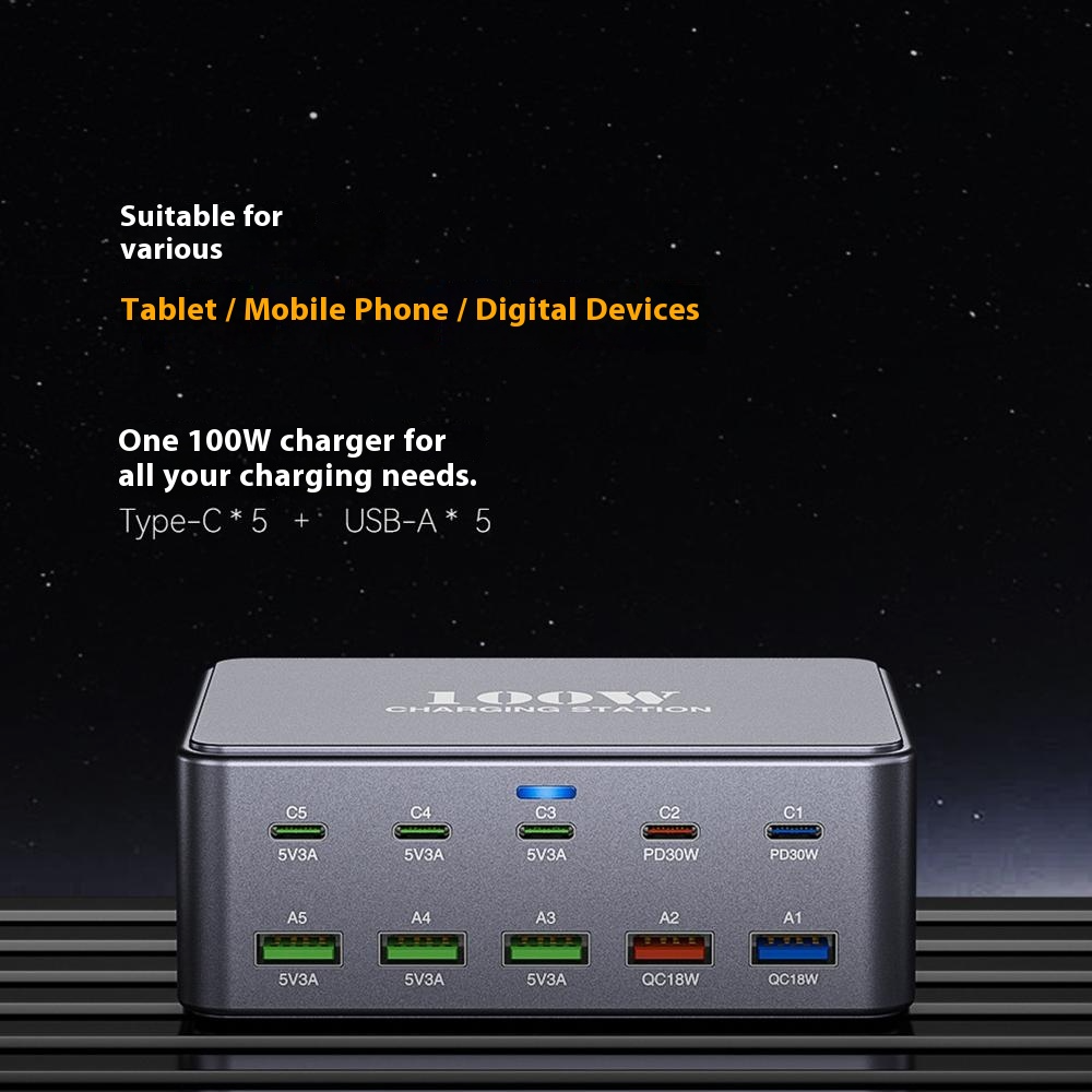 Nabíjačka stanice OEM HW33, 100W, 3A, 5 x USB-A - 5 x USB-C, Sivá