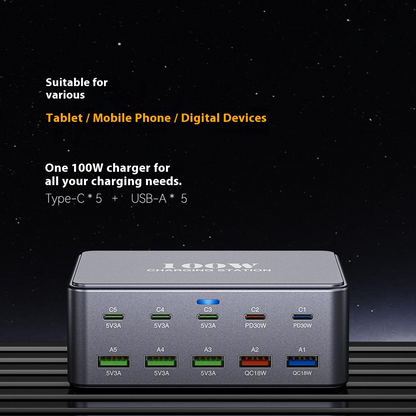 Nabíjačka stanice OEM HW33, 100W, 3A, 5 x USB-A - 5 x USB-C, Sivá