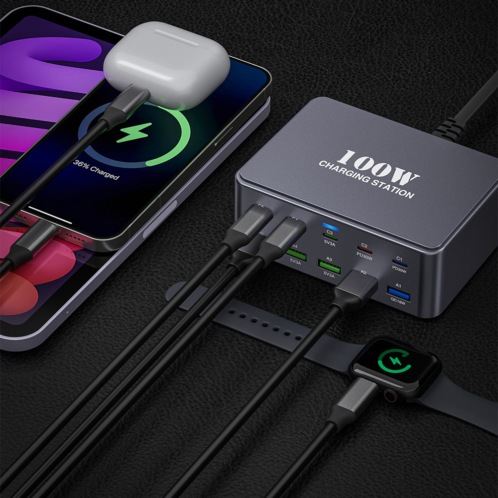 Nabíjačka stanice OEM HW33, 100W, 3A, 5 x USB-A - 5 x USB-C, Sivá