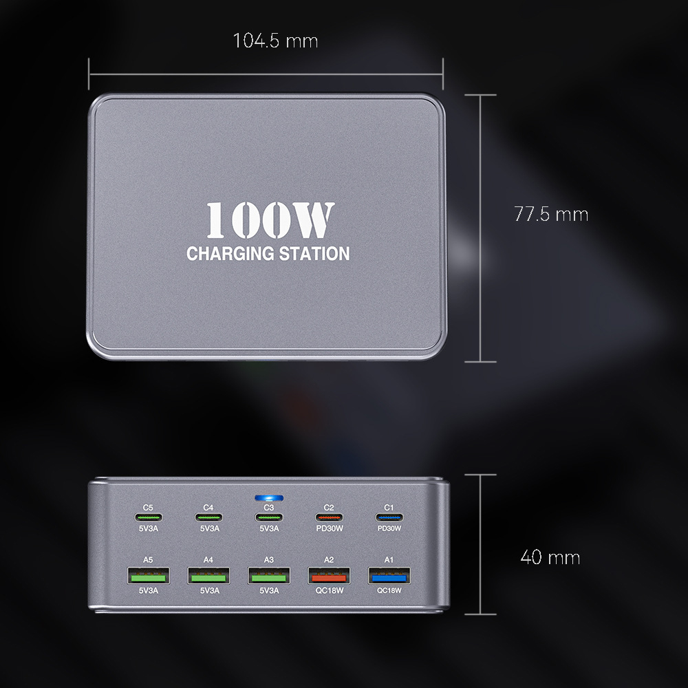 Nabíjačka stanice OEM HW33, 100W, 3A, 5 x USB-A - 5 x USB-C, Sivá