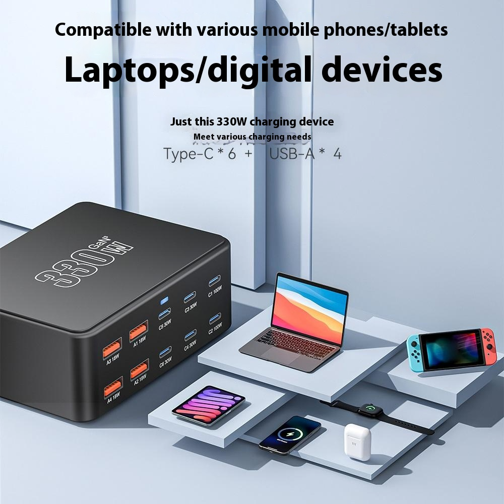 Nabíjačka Stanica OEM HW66, 330W, 5A, 4 x USB-A - 6 x USB-C, Čierna