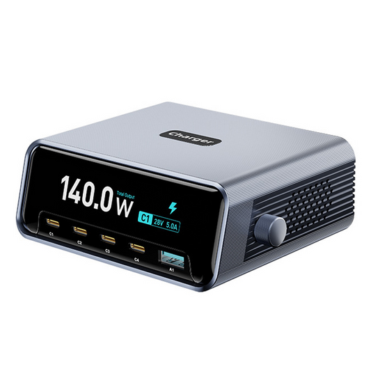 Nabíjačka stanice OEM WLX-60G, 140W, 5A, 1 x USB-A - 4 x USB-C, sivá